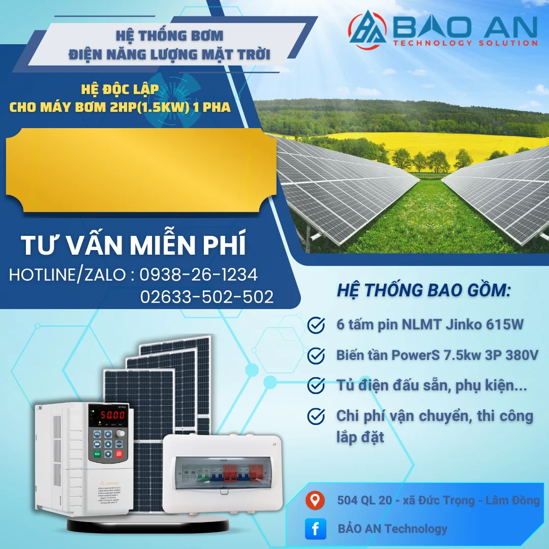 Hệ thống bơm điện năng lượng mặt trời 2hp cho bơm tưới độc lập